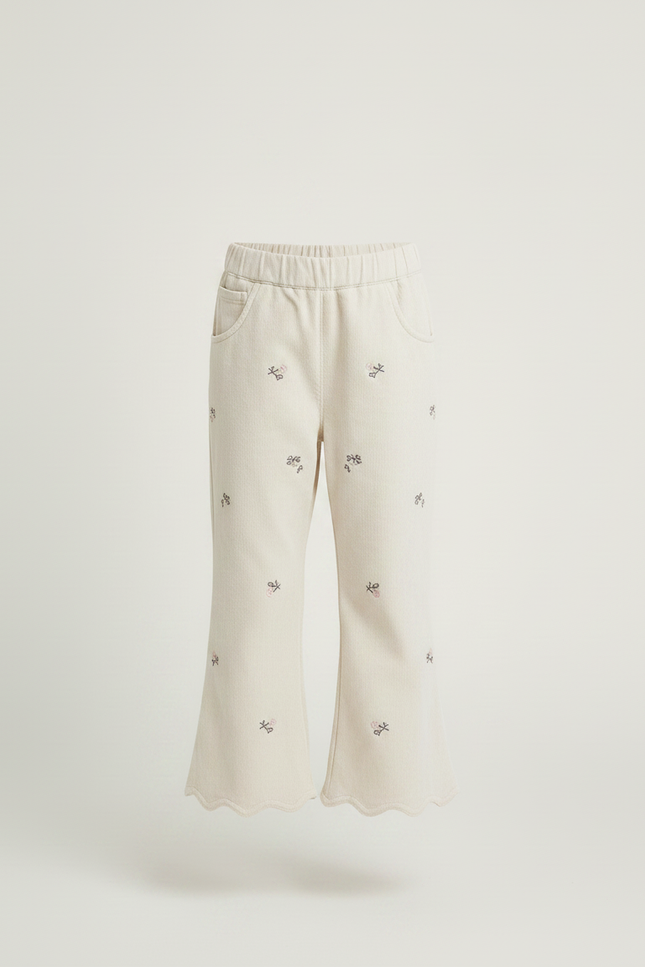 Pantalon Chino Écru Brodé Scalloped Fille Décontracté - Beige Molleton - vue 3