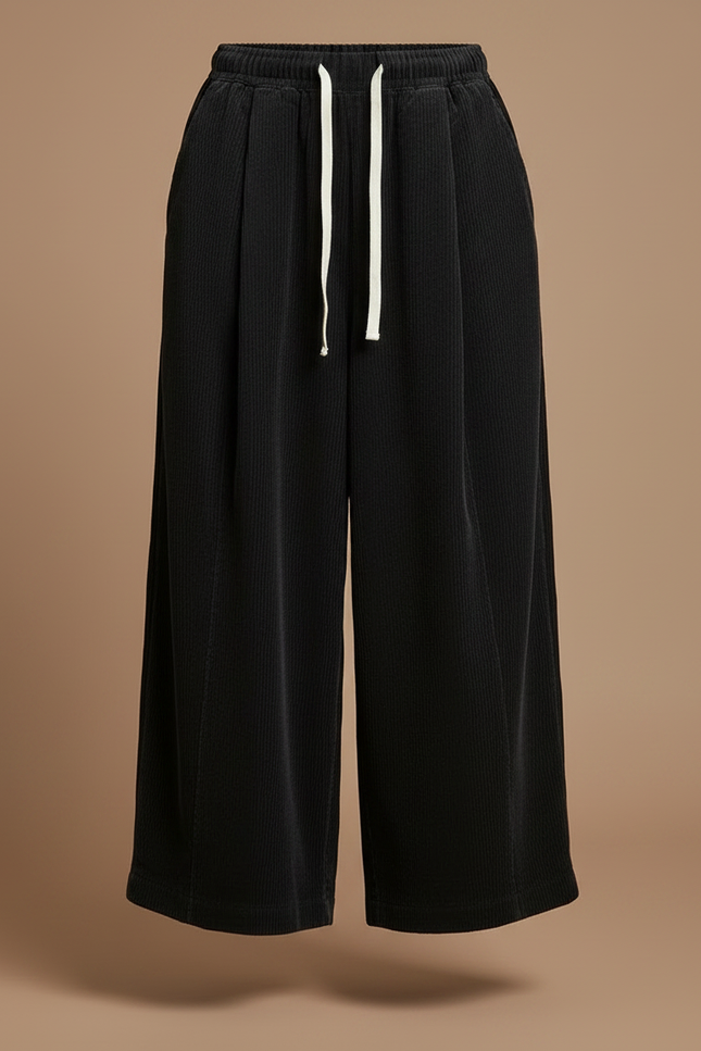 Pantalon Chino Noir Côtelé Ample Cordon Femme - Cordé - vue 3