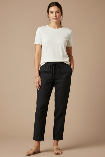 Pantalon Chino Noir Coton Lin Fluide Décontracté - vue 3