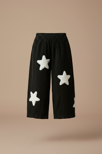 Pantalon Chino Noir Étoiles Blanches Ample Fille - Cordé - vue 3