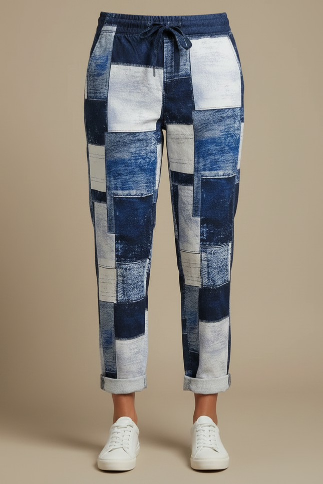 Pantalon Chino Patchwork Bleu Ample Cordon Décontracté - Multicolore Jean - vue 3