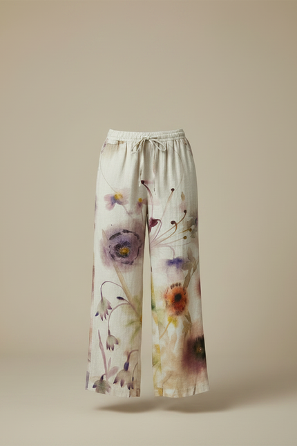 Pantalon Chino Large Fluide Imprimé Floral Beige Décontracté - Lin - vue 3