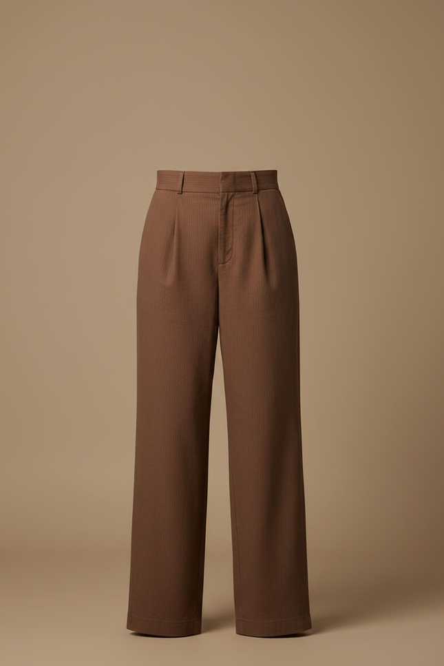Pantalon Chino Marron Ample Taille Haute Plissé Femme - Gabardine - vue 3