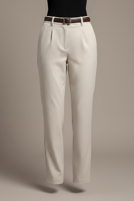 Pantalon Chino Beige Laine Droit Taille Haute Élégant - vue 3