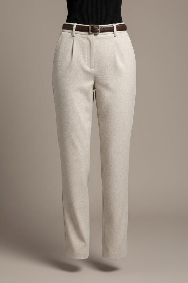 Pantalon Chino Beige Laine Droit Taille Haute Élégant - vue 3