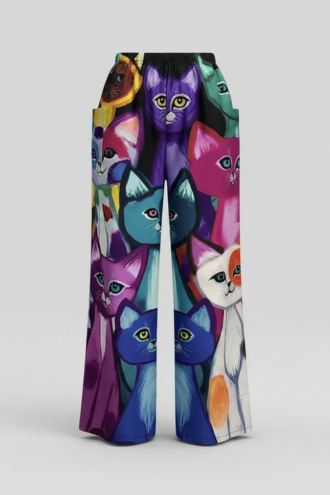 Pantalon Chino Large Imprimé Chats Coloré Décontracté - Multicolore Polyester - vue 3