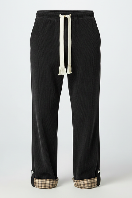 Pantalon Chino Noir Côtelé Ample Cordon Plaid Homme - Cordé - vue 3