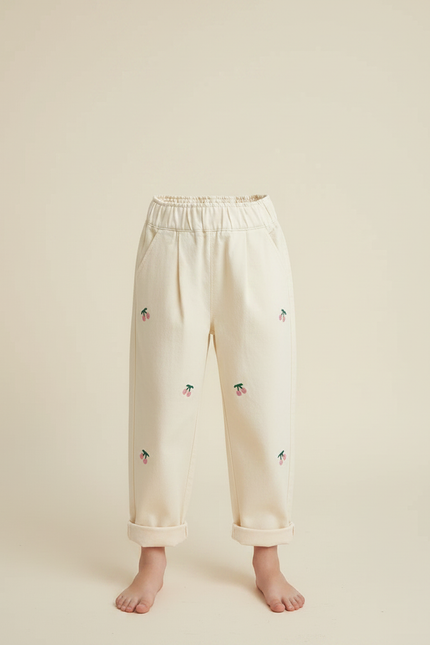 Pantalon Chino Beige Coton Décontracté Brodé Cerises Fille - vue 2