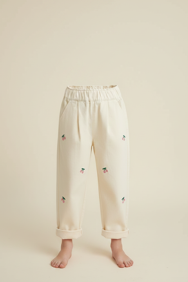 Pantalon Chino Beige Coton Décontracté Brodé Cerises Fille - vue 2