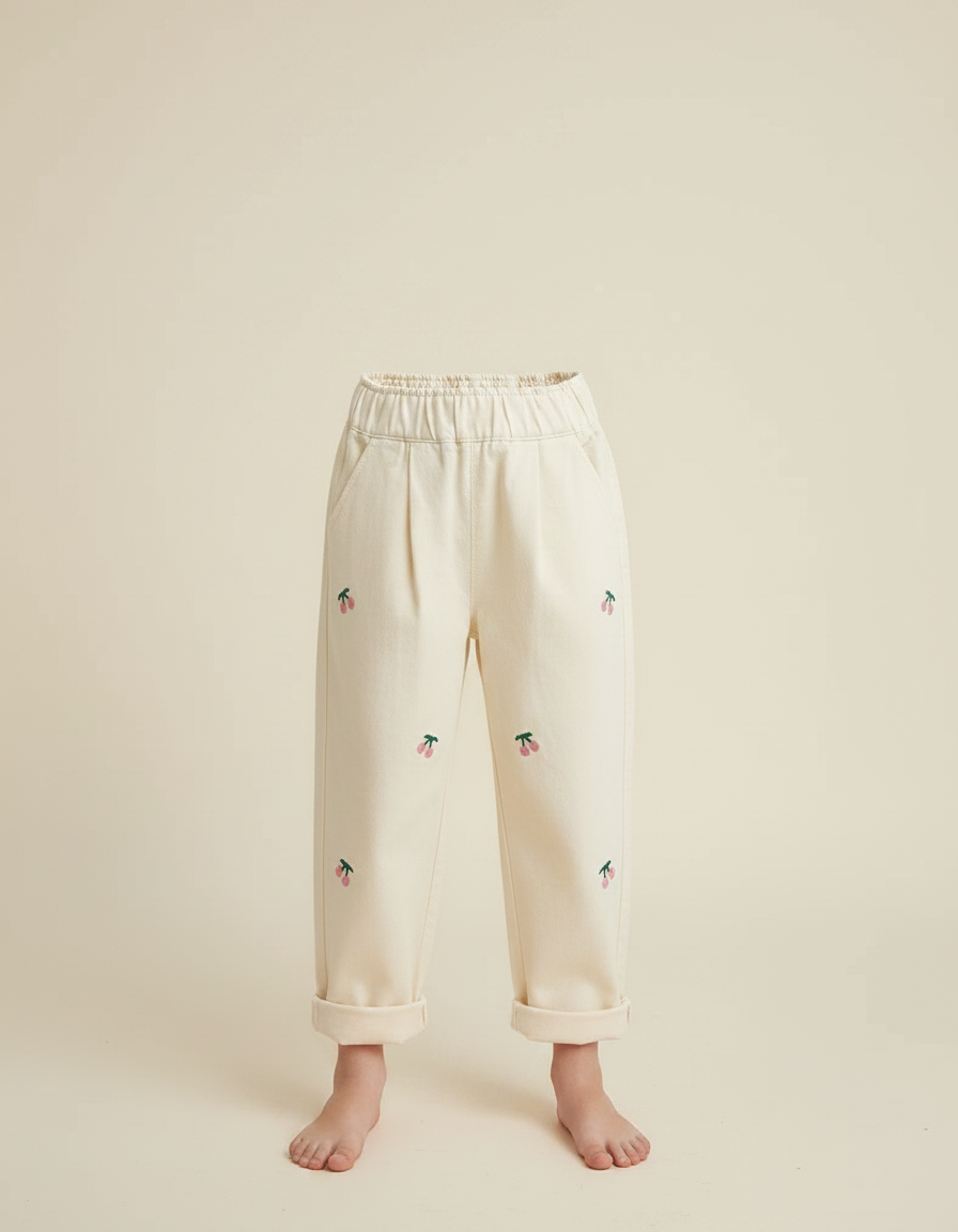 Pantalon Chino Beige Coton Décontracté Brodé Cerises Fille - vue 2