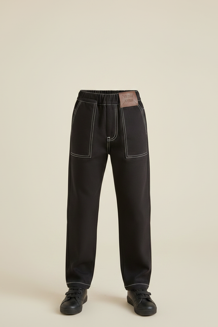 Pantalon Chino Noir Garçon Coton Décontracté Surpiqûres - vue 3
