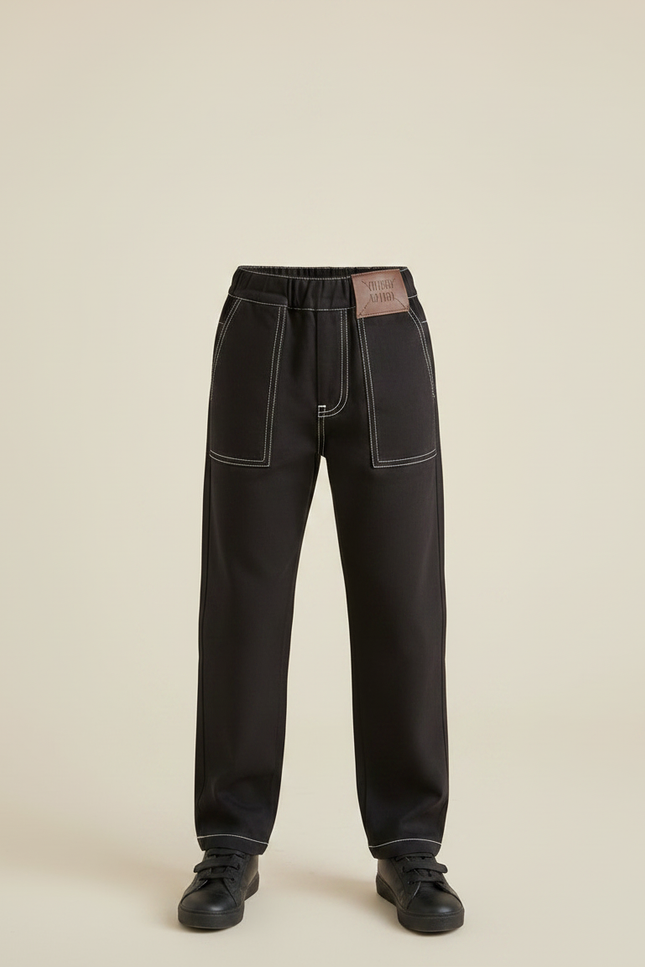 Pantalon Chino Noir Garçon Coton Décontracté Surpiqûres - vue 3