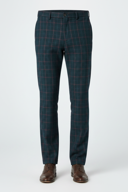 Pantalon Chino Carreaux Vert Foncé Laine Slim Habillé - vue 3