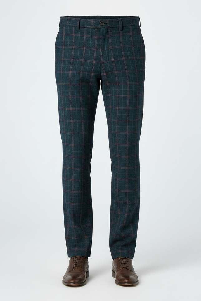 Pantalon Chino Carreaux Vert Foncé Laine Slim Habillé - vue 3