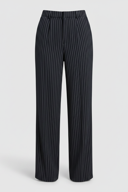 Pantalon Chino Noir Rayé Fluide Taille Haute Élégant - Polyester - vue 3