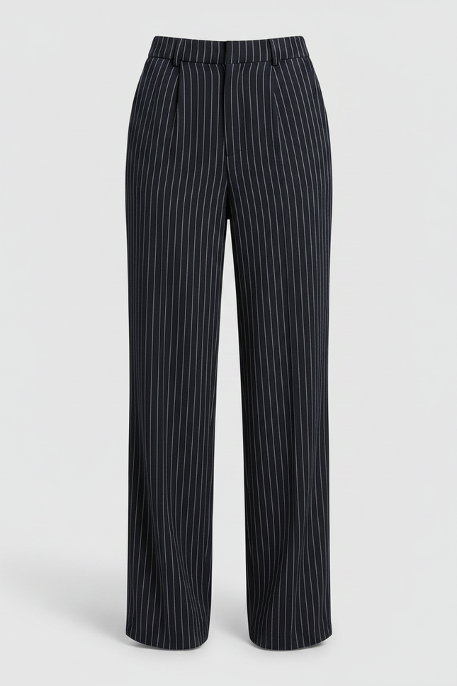 Pantalon Chino Noir Rayé Fluide Taille Haute Élégant - Polyester - vue 3