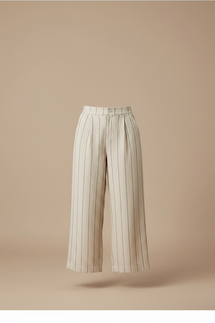 Pantalon Chino Rayé Lin Ample Décontracté Femme - Beige - vue 3