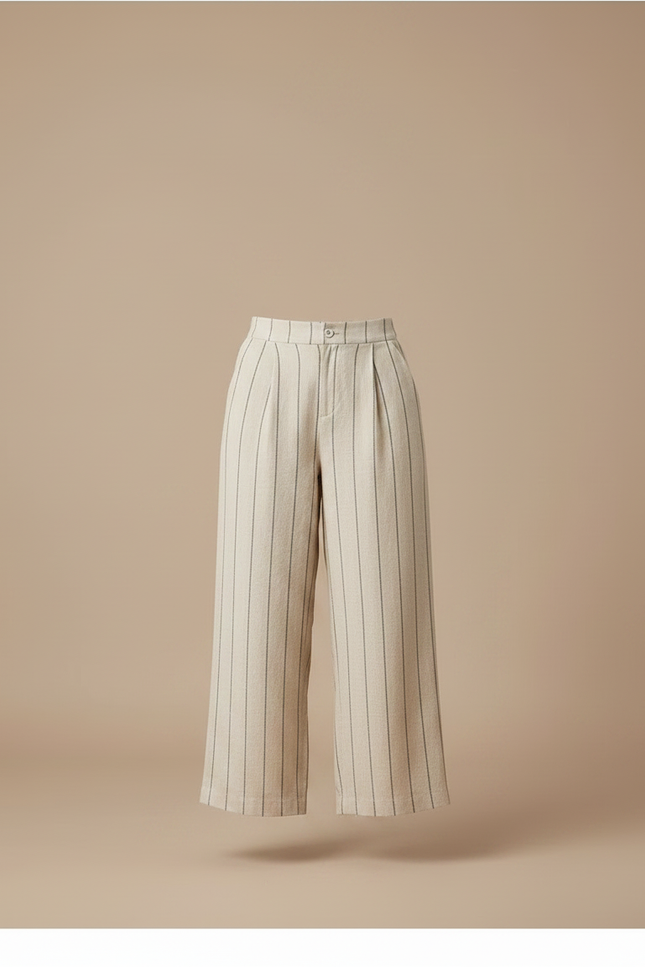 Pantalon Chino Rayé Lin Ample Décontracté Femme - Beige - vue 3