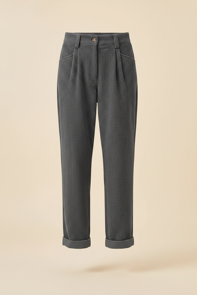 Pantalon Chino Gris Côtelé Plissé Ample Femme - Cordé - vue 3