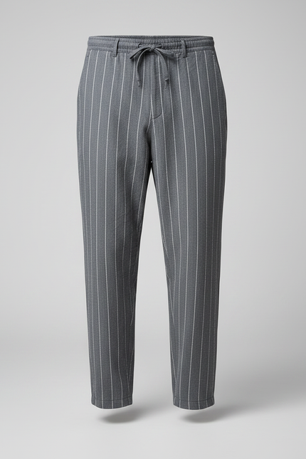 Pantalon Chino Gris Rayé Ample Lin Coton - vue 3