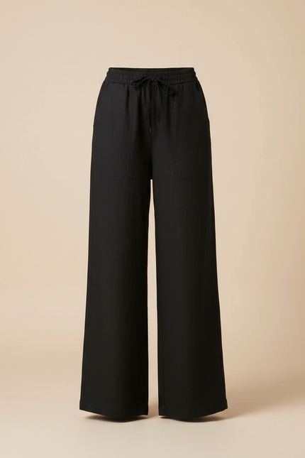 Pantalon Chino Noir Fluide Ample Cordon Lin - vue 3