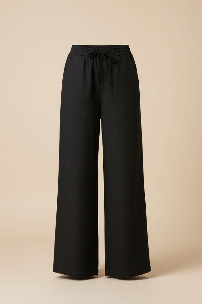 Pantalon Chino Noir Fluide Ample Cordon Lin - vue 3