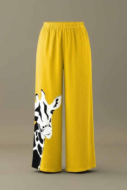 Pantalon Chino Jaune Ample Imprimé Girafe Décontracté - Lin - vue 3