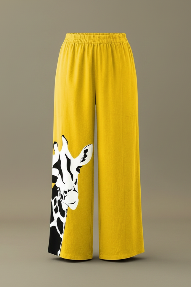 Pantalon Chino Jaune Ample Imprimé Girafe Décontracté - Lin - vue 3